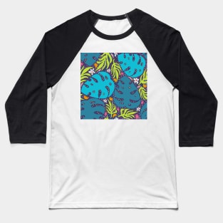 Jungle leaves and flowers abstract repeat pattern on purple Baseball T-Shirt